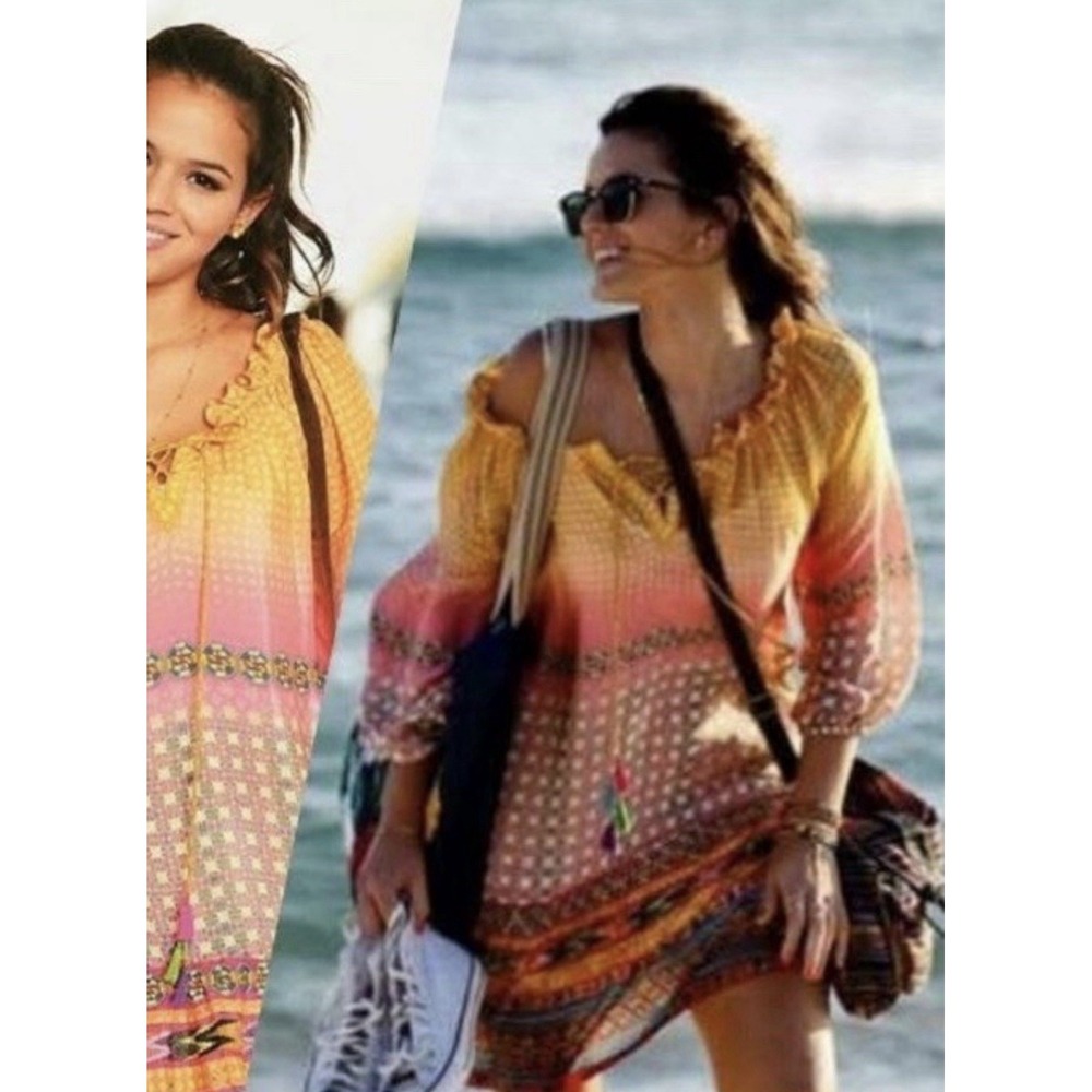 Tanvi Kedia Swing Dress Anthropologie Boho Print Ruffled Drawstring SMALL‎ NWOT